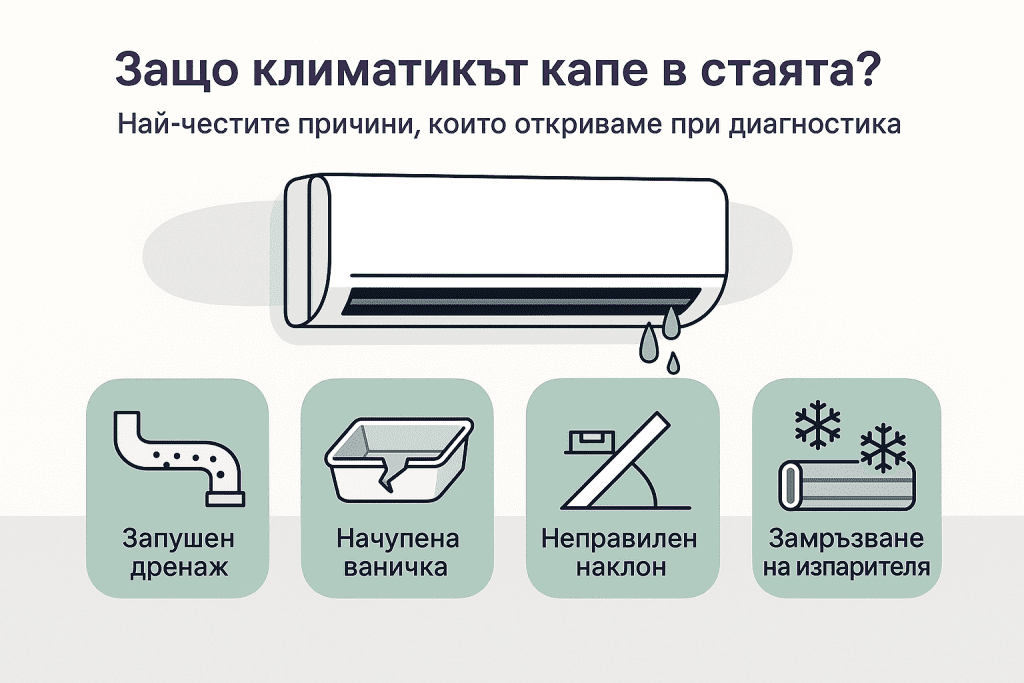 Причини климатикът да капе в стаята – визуална схема Илюстрация на вътрешно тяло на климатик с икони за най-честите причини за теч – запушен дренаж, начупена ваничка, неправилен наклон и замръзване