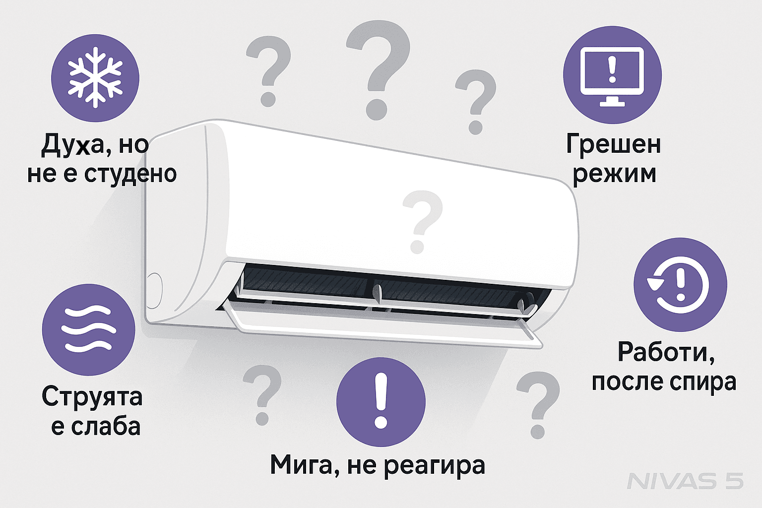 Климатикът не духа студено – чести проблеми и причини Илюстрация на климатик с възможни неизправности – духа, но не е студено; слаба струя; грешен режим; мига, но не реагира; работи, после спира