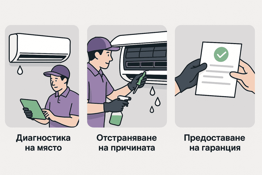 Как протича услугата при теч от климатик – 3 основни стъпки Илюстрация с три стъпки: диагностика на климатик, отстраняване на теча и предоставяне на гаранция