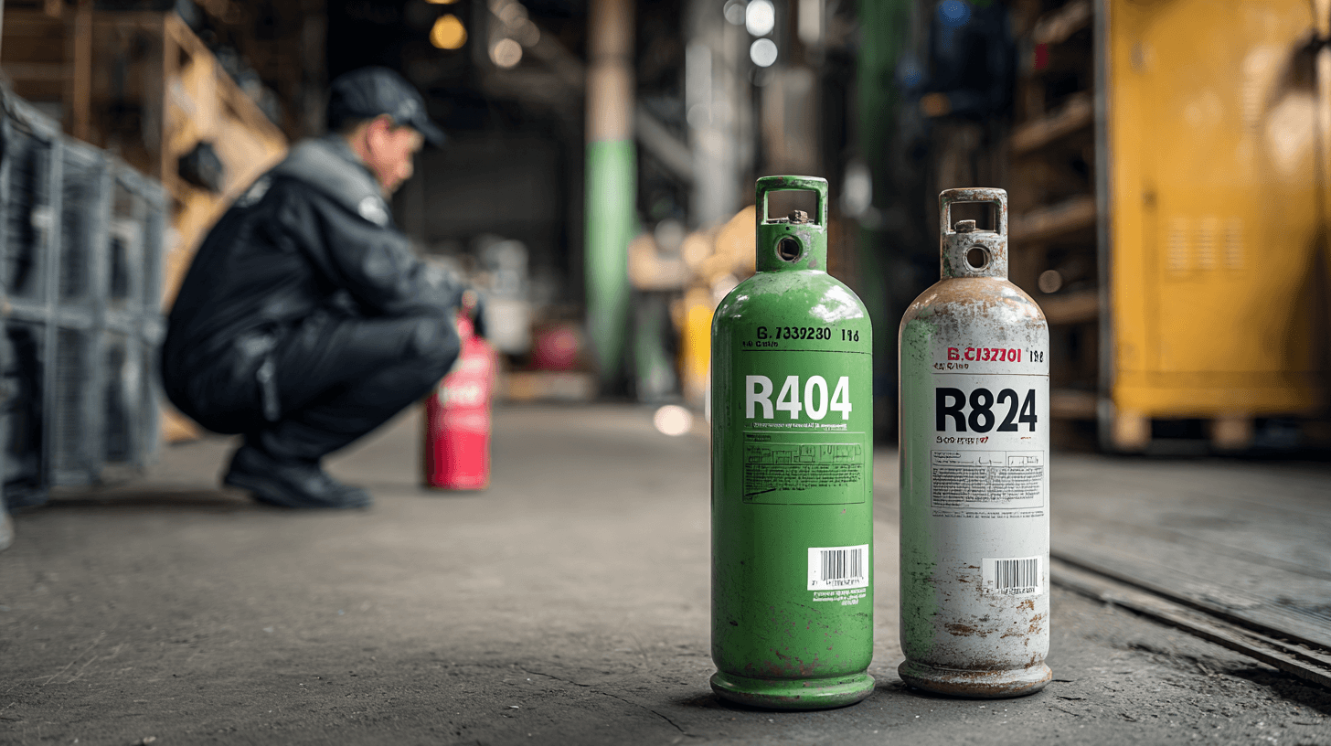 Сравнение на фреони с висок и нисък GWP – R-404A и R-290 Забранение фреони, Флакони с фреони R-404A и R-290 с отбелязани стойности на GWP