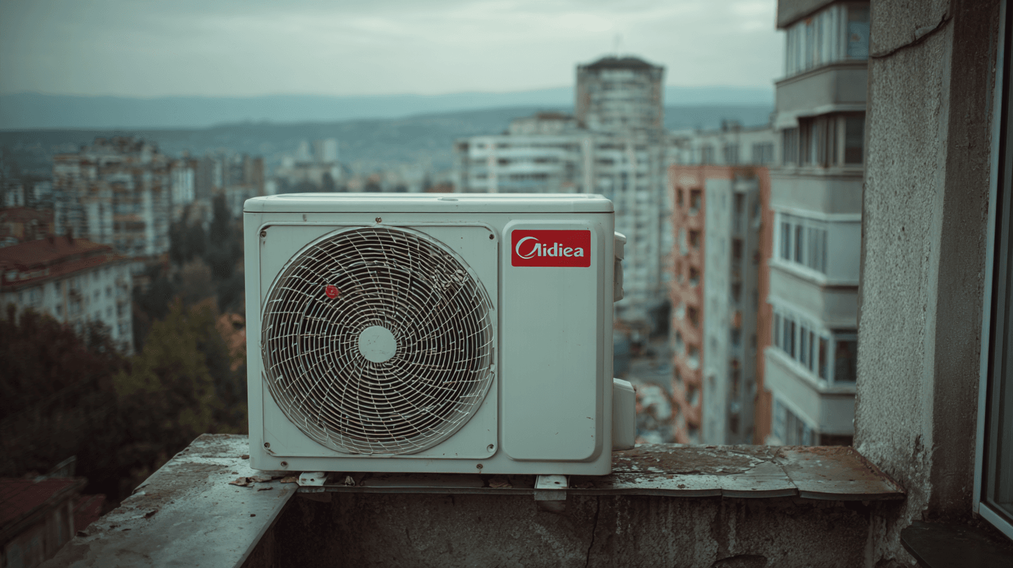 Външно тяло на климатик Midea – монтаж на балкон в София Климатик Midea външно тяло на балкон в София с изглед към панелни блокове